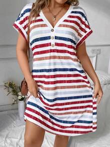 Calvaya Plus Size V-Neck Short Sleeve Dress With Cuffed Sleeve, Wood Button Decor, Striped Knit Printed, Casual Outdoor, Summer
