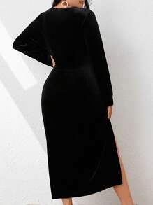 SHEIN Clasi Hơn Dây rút Tách đùi Đầm - màu đen - Xem 2