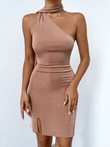 RueChic Asymmetrical Neck Split Hem Bodycon Dress - Apricot - View 1