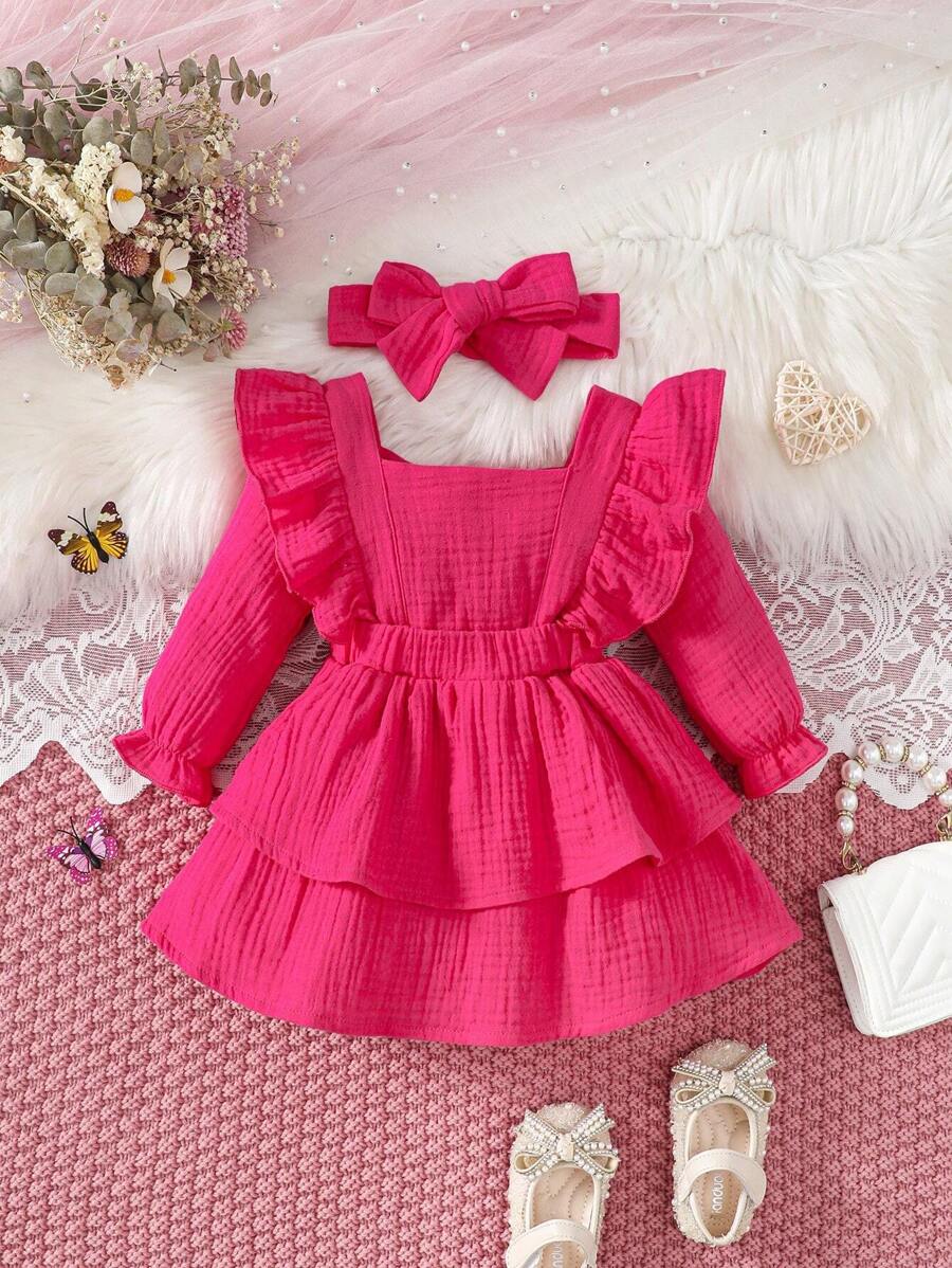 SHEIN Baby Girl Ruffle Trim Flounce Sleeve Layer Hem Dress & Headband - Hot Pink - View 1