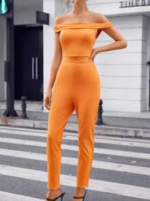 SHEIN Privé Off Shoulder Unitard Jumpsuit - Orange - View 3