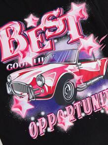 SHEIN EZwear 汽車和字母圖案T恤 - 黑色 - 查看 5