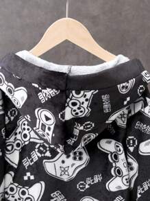 SHEIN Tween Boy 长款电子游戏图案连帽法兰绒睡衣（配腰带），秋季 (9)，冬季 (2)，黑色，白色 - 黑色 - 查看 10