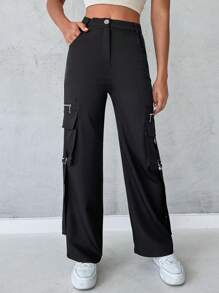 RueChic High Waist Flap Pocket Side Cargo Pants - Black - View 1