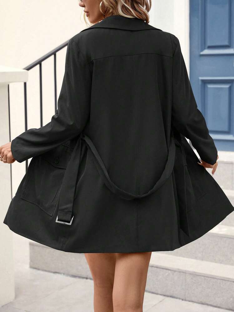 SHEIN LUNE Abrigo con bolsillo con solapa de cuello con solapa con cinturón - Negro - Ver 2