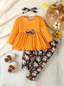 女嬰前蝴蝶結花邊下擺上衣&印花緊身打底褲 - 彩色 - 查看 1