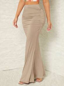 SHEIN SXY Ruched Mermaid Hem Solid Skirt - Khaki - View 2