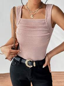 SHEIN Essnce Chất rắn Cổ vuông Áo ba lỗ - Bụi hồng - Xem 1