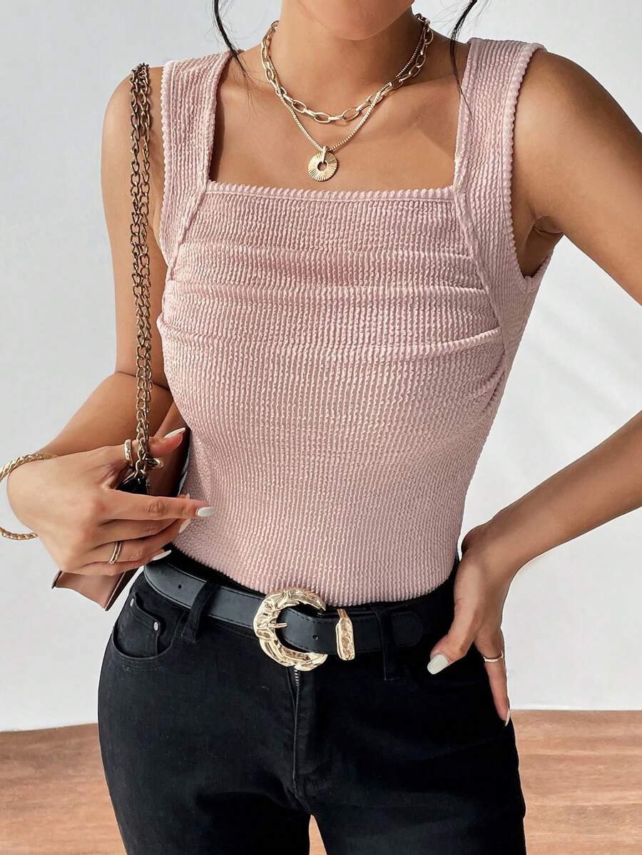 SHEIN Essnce Chất rắn Cổ vuông Áo ba lỗ - Bụi hồng - Xem 1