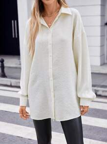 SHEIN Essnce Drop Shoulder Button Front Shirt - Apricot - View 4