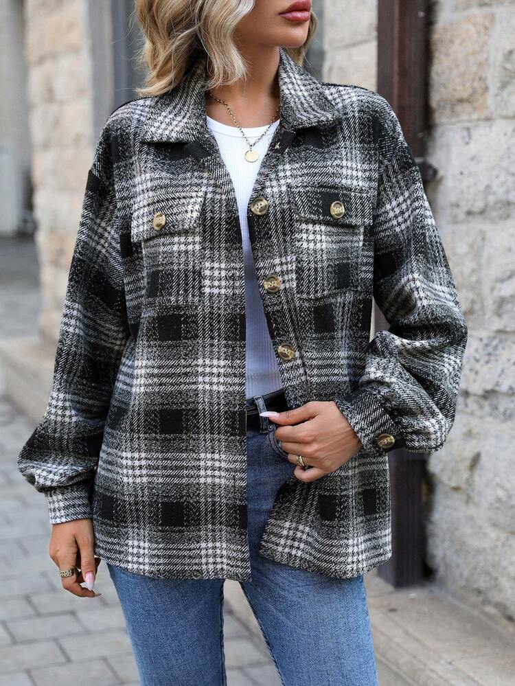 Plaid Print Drop Shoulder Flap Pocket Coat Fall Cloth For Women