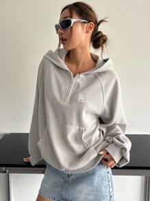 DAZY Letter Embroidery Raglan Sleeve Half Zip Hoodie,Long Sleeve Tops Sweatshirt - Grey - View 1