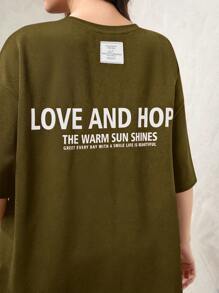 Mulvari 大碼字母貼布落肩T恤和褲子 - 軍綠色 - 查看 4