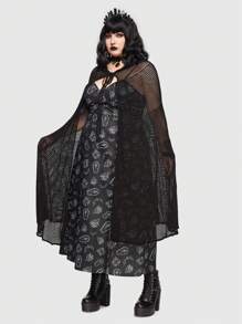 ROMWE Goth Plus Tie Front Hooded Cardigan - Black - View 1