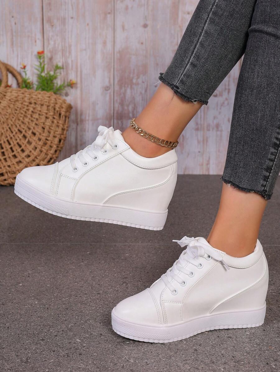Damskie buty casualowe na wiosnę/jesień, buty skórzane w jednolitym kolorze, lekkie i wygodne, mokasyny na platformie z cienkim paskiem i koturnem - Biały - Zobacz 1