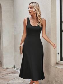 SHEIN LUNE Chất rắn Scoop Cổ Đầm - màu đen - Xem 4