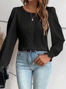 SHEIN LUNE Chấm Swiss Chèn ren Guipure Tay áo lồng đèn Áo sơ mi - màu đen - Xem 5