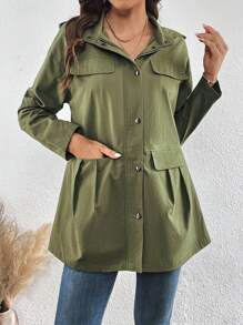 SHEIN LUNE 翻蓋細節褶皺細節落肩袖外套 - 軍綠色 - 查看 6