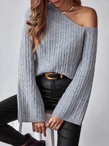 SHEIN LUNE Chất rắn Cổ không đối xứng Thả vai Áo len - Xám - Xem 3