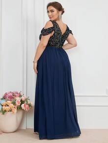 Plus Contrast Sequin Cold Shoulder Party Dress - Navy Blue - View 2