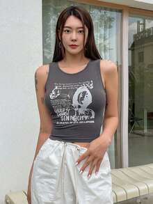 DAZY Figure & Slogan Graphic Tank Top - Grey - View 4