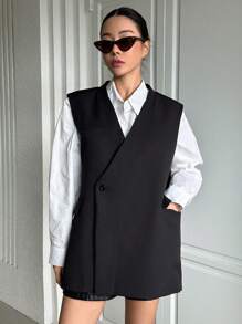 DAZY 纯色双口袋背心外套女式夹克，秋季女装 - 黑色 - 查看 4