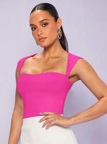 SHEIN BAE Chất rắn Cổ Trái tim Áo ba lỗ - Màu Hồng Tươi - Xem 7