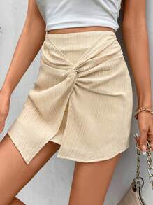 SHEIN Frenchy Twist Front Asymmetrical Hem Skirt - Apricot - View 5