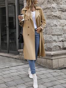 SHEIN LUNE Đôi ngực Thắt lưng Áo khoác Trench - Màu Khaki - Xem 7