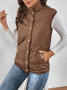 SHEIN LUNE 1 件带盖口袋按扣纽扣绗缝背心夹棉外套 - 摩卡棕 - 查看 6