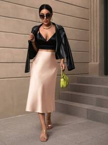 SHEIN BAE High Waist Solid Satin A-line Skirt