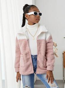 SHEIN Tween Girl Two Tone Drop Shoulder Zipper Teddy Coat - Pink - View 6