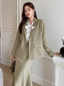 DAZY 素色西裝領西裝外套&魚尾短裙 - 綠色 - 查看 6