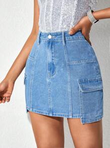 SHEIN Essnce 側翻蓋口袋牛仔半身裙 - 淺色水洗藍 - 查看 5
