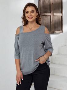 EMERY ROSE 大碼素色不對稱領肩部挖空T恤 - 灰色 - 查看 3