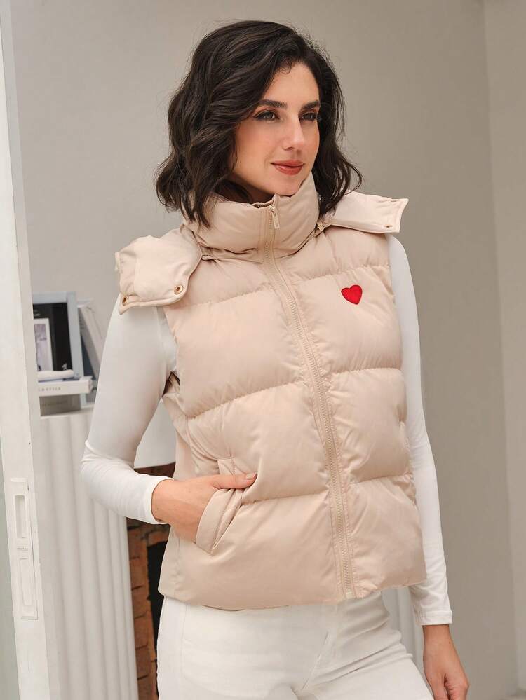 Heart Embroidery Hooded Vest Coat Winter Thanks Giving Casual