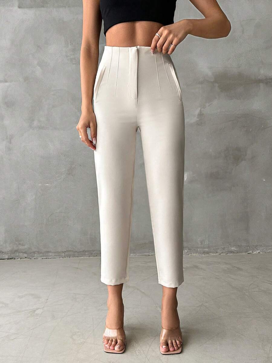 Cottnline 100%Cotton Solid Zipper Fly Cropped Tapered Pants - White - View 1