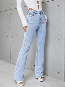 SHEIN Essnce Slant Pocket Flare Leg Jeans - Light Wash - View 1