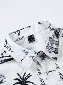 Manfinity Homme 男士热带棕榈树印花图案领衬衫休闲短袖衬衫不含 T 恤，适合度假 - 白色 - 查看 7