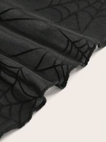 ROMWE PUNK Spider Web Print Flounce Sleeve Asymmetrical Hem Mesh Top Without Bra - Black - View 3