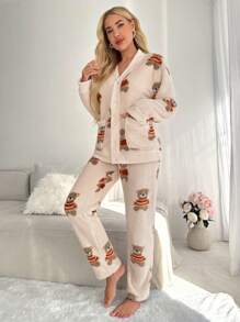 熊图案落肩法兰绒睡衣套装 / 睡衣套装 - 米色 - 查看 3