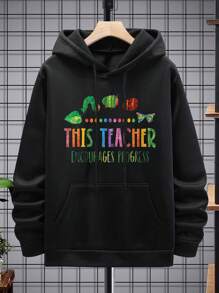 Manfinity Homme 男士標語圖案袋鼠口袋抽繩連帽衫 - 黑色 - 查看 7