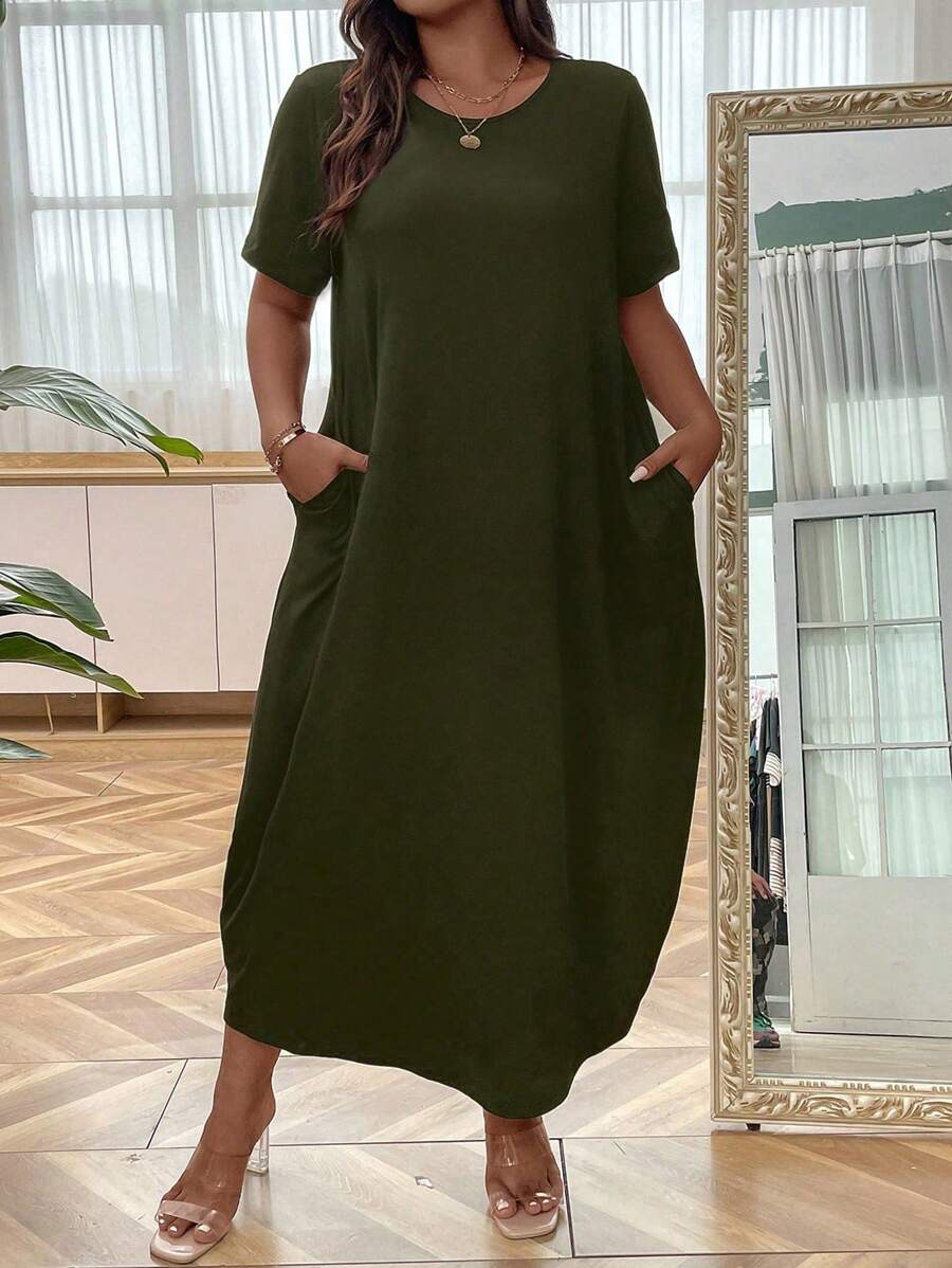 SHEIN LUNE Plus Solid Hidden Pocket Tee Dress Women Outfit - Army Green - View 1