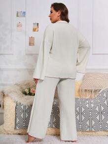 Plus Contrast Piping Drop Shoulder PJ Set / Pajama Set - Apricot - View 3