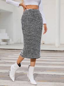 SHEIN Essnce 條紋印花直筒半身裙 - 黑與白 - 查看 4
