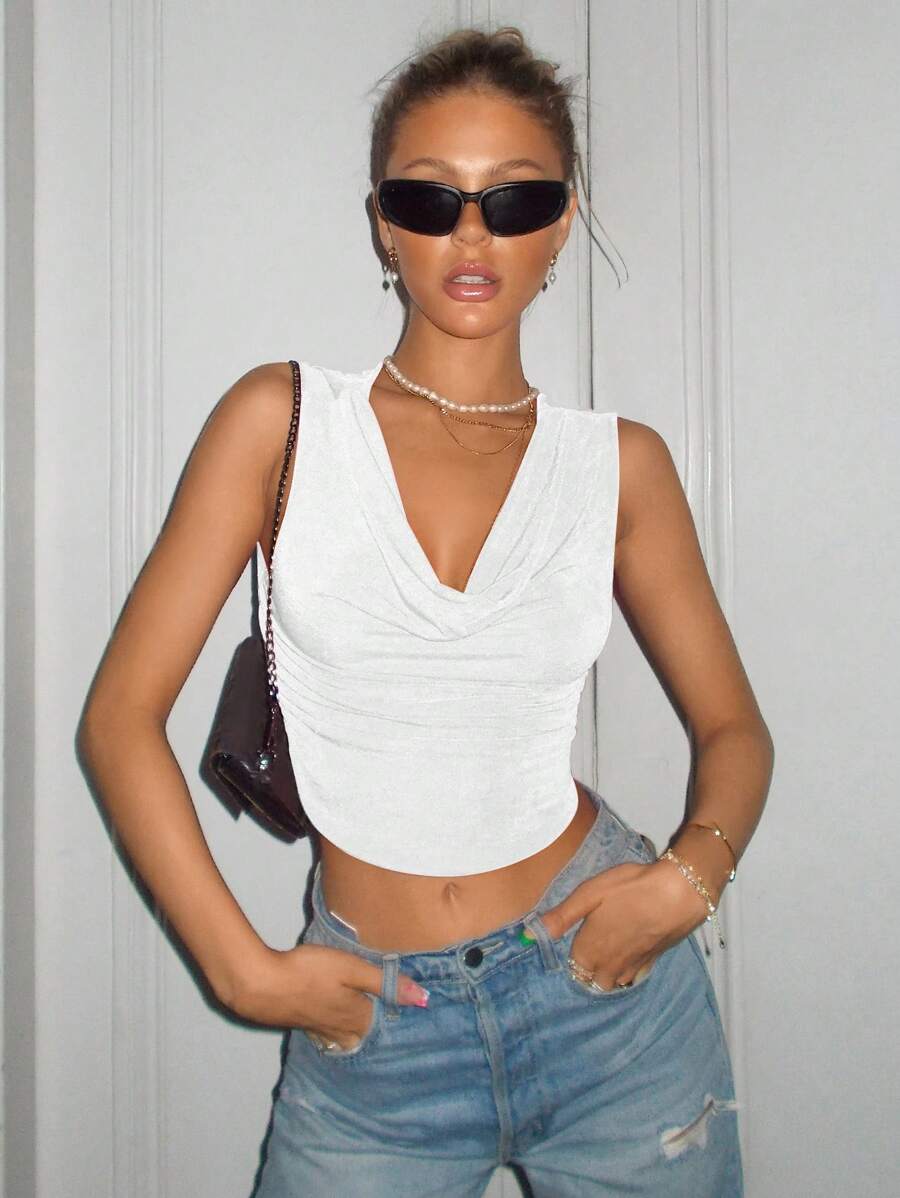 SHEIN ICON Summer White Draped Collar Curved Hem Crop Tank Top - White - View 1