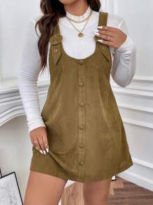 SHEIN Franclia Plus Button Front Overall Dress Without Tee - Olive Green - View 2