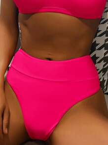 SHEIN Swim 夏季海滩褶饰高腰比基尼泳裤，度假泳装 - 玫紅色 - 查看 2