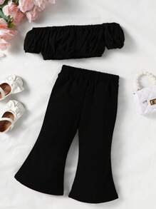 Young Girl Off Shoulder Ruched Bust Crop Top & Flare Leg Pants - Black - View 2