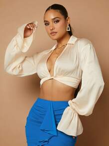 SHEIN BAE Twist Front Flounce Sleeve Crop Top - Apricot - View 6